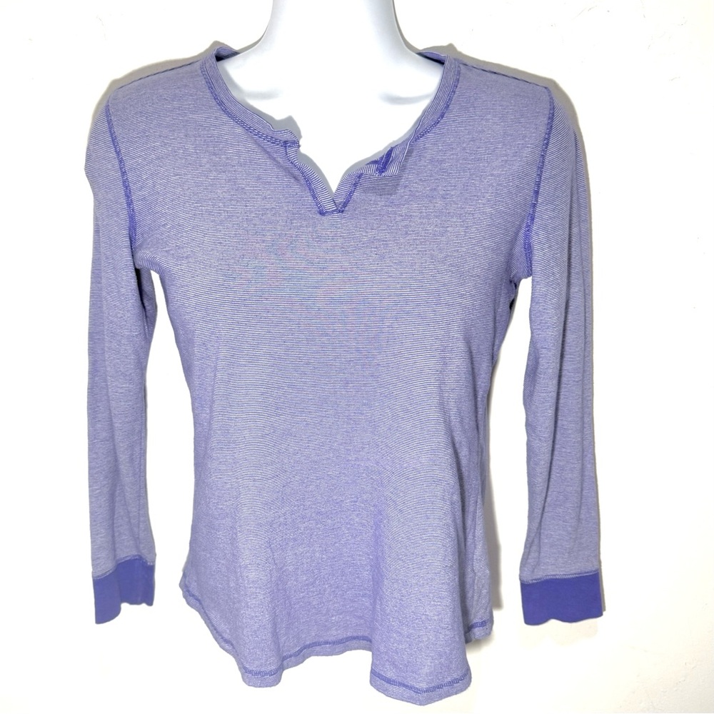 T by Talbots Long Sleeve V-neck Blue Purple Pinstriped Top Shirt Size M Cotton